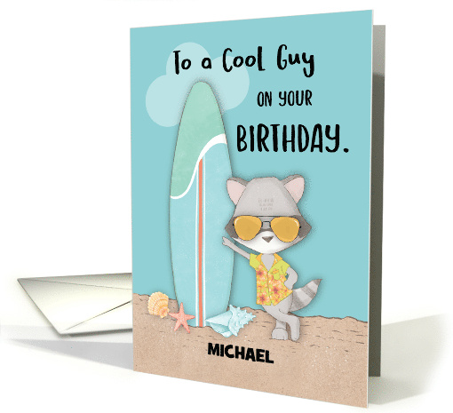 Custom Name Guy Birthday Beach Funny Cool Raccoon in Sunglasses card