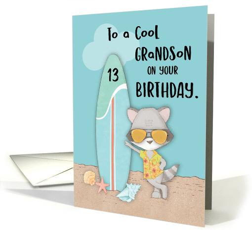 Age 13 Grandson Birthday Beach Funny Cool Raccoon in Sunglasses card