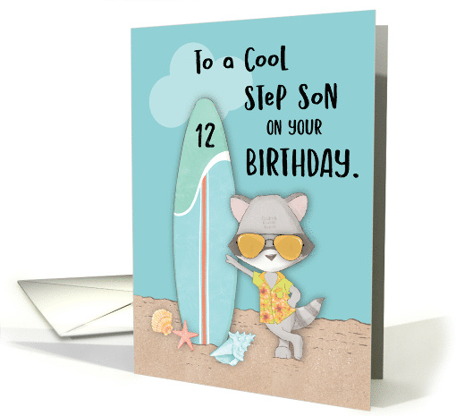 Age 12 Step Son Birthday Beach Funny Cool Raccoon in Sunglasses card