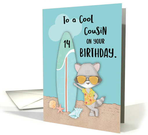 Age 14 Cousin Birthday Beach Funny Cool Raccoon in Sunglasses card