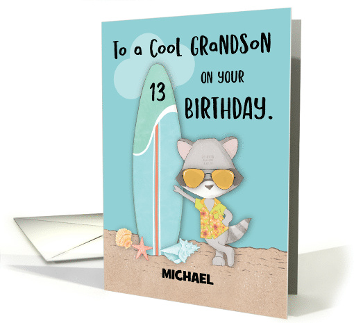 Custom Name Age 13 Grandson Birthday Beach Funny Cool Raccoon card