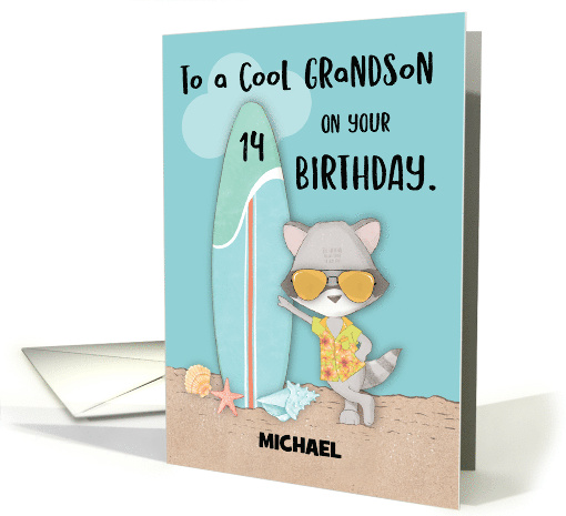Custom Name Age 14 Grandson Birthday Beach Funny Cool Raccoon card