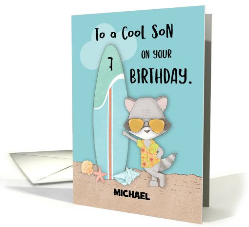 Custom Name Age 7 Son Birthday Beach Funny Cool Raccoon... (1694728)