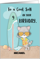 Custom Name Age 9 Son Birthday Beach Funny Cool Raccoon in Sunglasses card