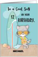 Custom Name Age 12 Son Birthday Beach Funny Cool Raccoon in Sunglasses card