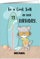 Custom Name Age 13 Son Birthday Beach Funny Cool Raccoon in Sunglasses card
