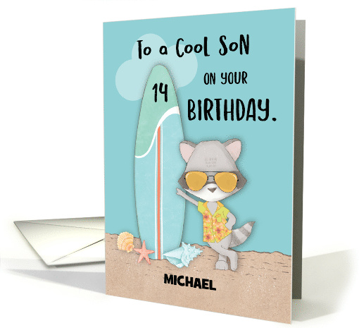 Custom Name Age 14 Son Birthday Beach Funny Cool Raccoon... (1694742)