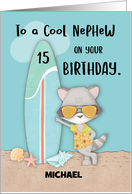 Custom Name Age 15 Nephew Birthday Beach Funny Cool Raccoon card