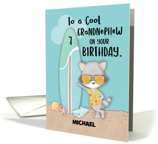 Custom Name Age 7 Grandnephew Birthday Beach Funny Cool Raccoon card