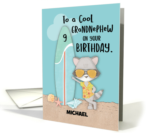 Custom Name Age 9 Grandnephew Birthday Beach Funny Cool Raccoon card