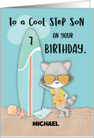 Custom Name Age 7 Step Son Birthday Beach Funny Cool Raccoon card