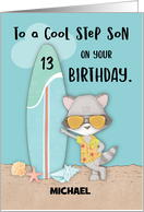 Custom Name Age 13 Step Son Birthday Beach Funny Cool Raccoon card