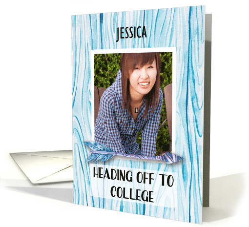 Heading to College Custom Name Photo on Teal Blue Wood with Arrow card
