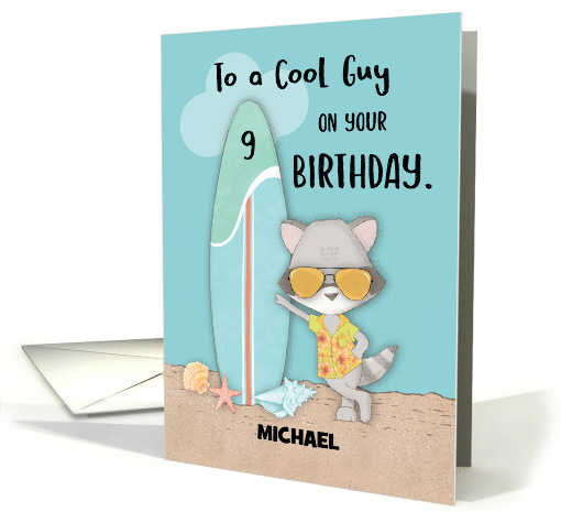 Custom Name Age 9 Guy Birthday Beach Funny Cool Raccoon... (1697338)