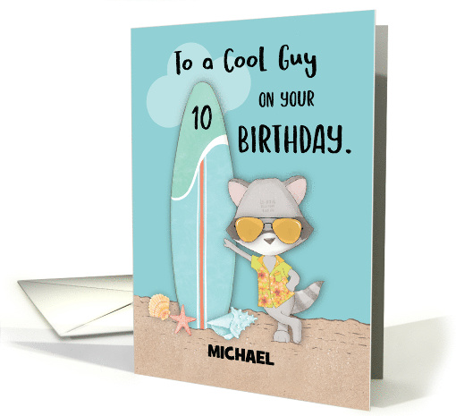 Custom Name Age 10 Guy Birthday Beach Funny Cool Raccoon... (1697354)