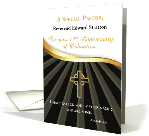 Custom Name Pastor 13 Year Ordination Anniversary Black Gold Look card