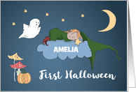 First Halloween Girl Sleeping on Cloud Personalized Name card