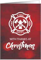 Firefighter Christmas Blessings Thank You Emblem on Red Bokeh card