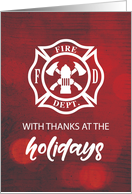 Firefighter Happy Holidays Thank You Emblem on Red Bokeh card
