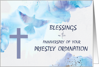 Priest Ordination Anniversary Blessings Purple Cross Blue Watercolor card
