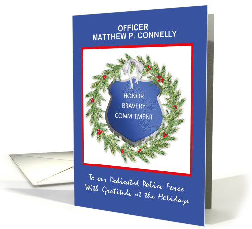 Custom Name Police Officer Happy Holidays Thank You Wreath card