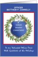 Custom Name Police Officer Happy Holidays Thank You Wreath card