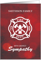 Custom Name Firefighter Sympathy Emblem on Red Bokeh card