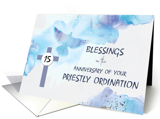 Priest 15th Ordination Anniversary Blessings Blue Purple Cross card