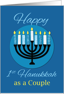 As Couple First Hanukkah Menorah on Dark Blue card