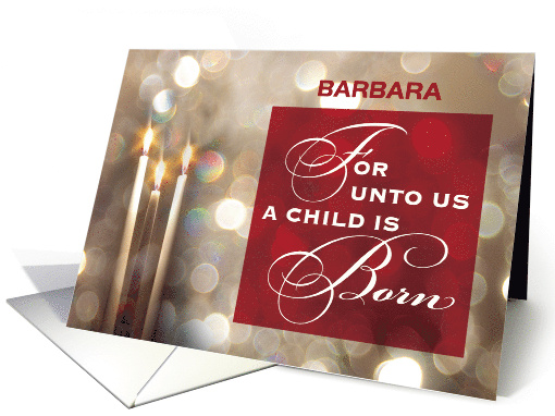 Personalize Name Christmas Candles Child is Born Red Gold card