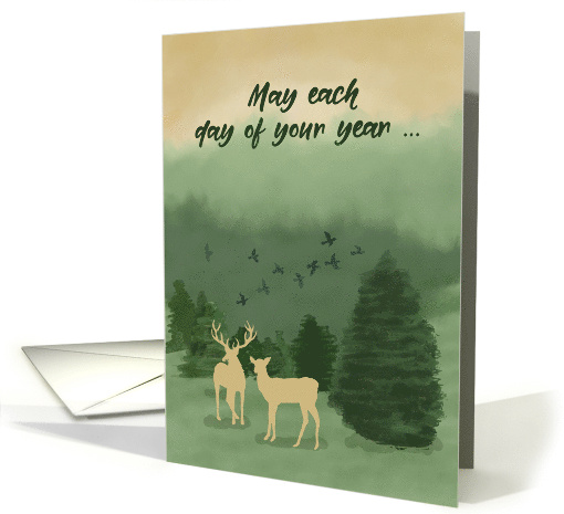 Birthday Green Landscape Deer with Evergreen Trees card (1711032)