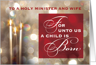 Minister and Wife Christmas Candles Child is Born Red Gold card