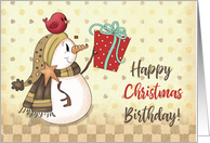 Christmas Birthday Bird on Snowman with Present card