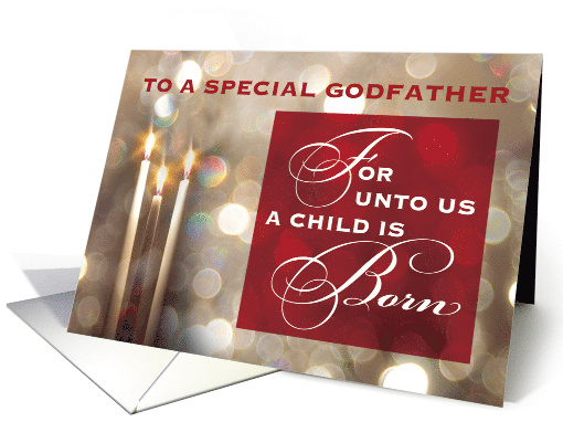 A Special Godfather Christmas Candles Child is Born Red Gold card