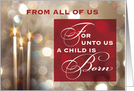 From All of Us Christmas Candles Child is Born Red Gold card