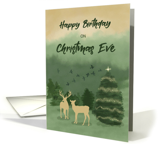 Christmas Eve Birthday Green Landscape with Lighted Tree card