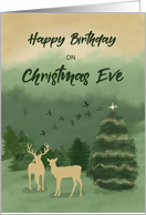 Christmas Eve Birthday Green Landscape with Lighted Tree card