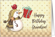 Grandson Birthday Bird on Snowman with Present card