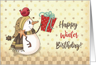 Birthday Bird on Snowman with Present card