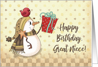 Great Niece Birthday Bird on Snowman with Present card