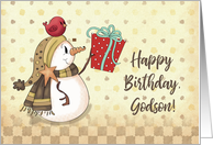 Godson Birthday Bird on Snowman with Present card