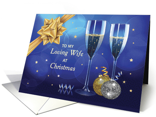 To Wife at Christmas Champagne and Gold Look Bow on Blue card