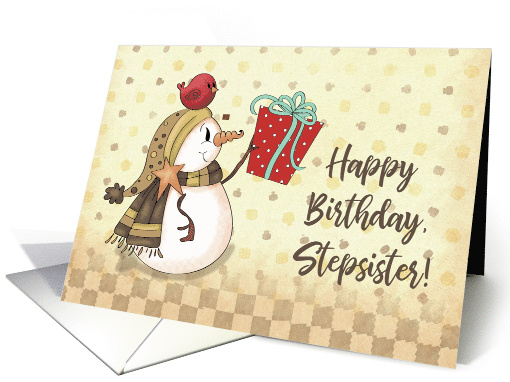 Stepsister Birthday Bird on Snowman with Present card (1712770)