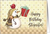 Stepsister Birthday Bird on Snowman with Present card