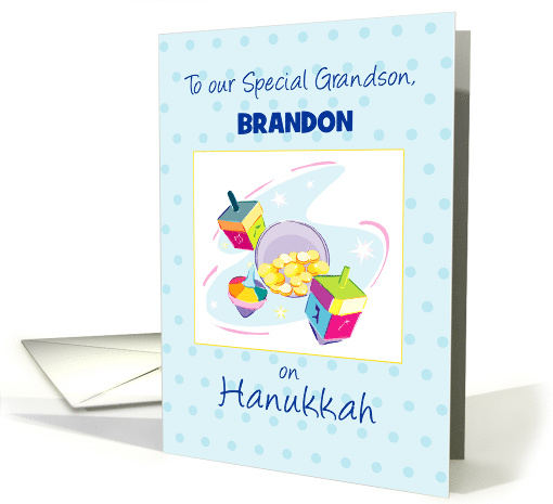 Grandson Hanukkah Customizable Name Blue With Dreidel and Gifts card