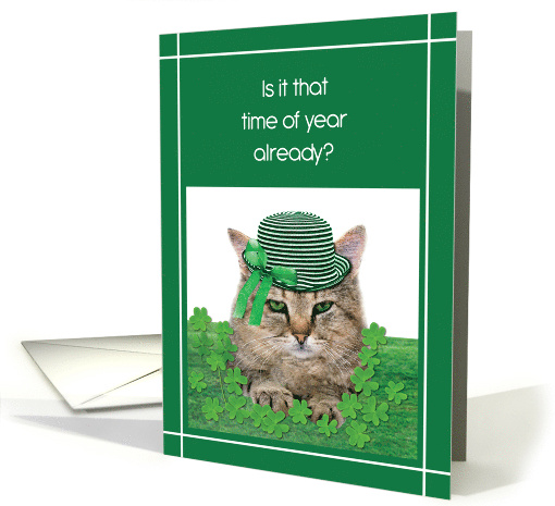 Funny Cat on St. Patricks Day with Green Hat Tie and Clovers card