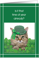 Funny Cat on St. Patricks Day with Green Hat Tie and Clovers card