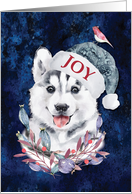 Husky Puppy Hat Bird Christmas Joy card