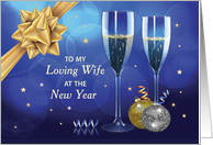To Wife at the New Year Champagne and Gold Look Bow on Blue card