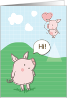 Cute Pig Saying Hi to Floating Pig with Heart Balloon card